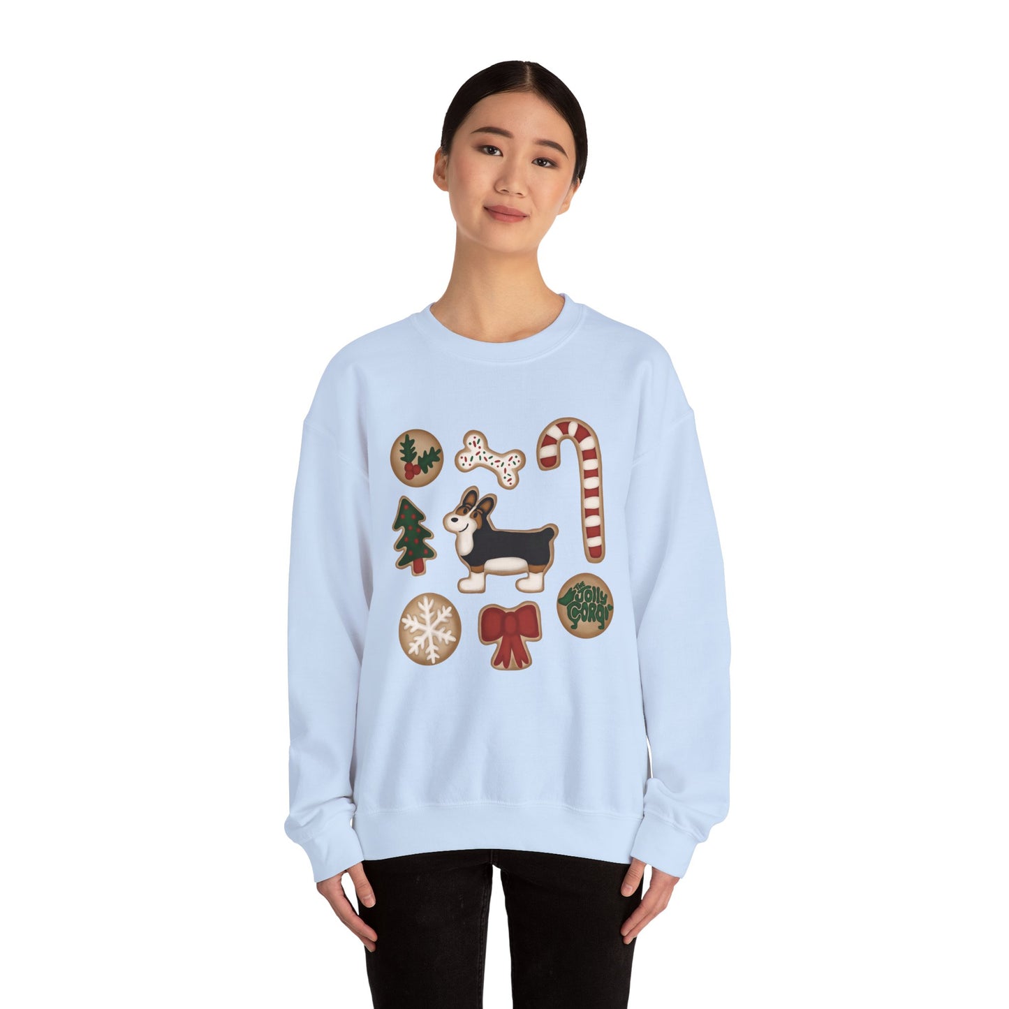 Black Headed Tri Corgi Docked - Christmas Cookie Crewneck Sweatshirt - The Jolly Corgi