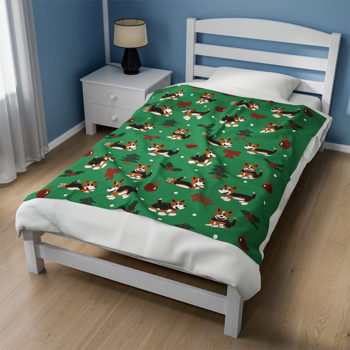 Red Headed Tri Corgi Full Tail - Christmas Velveteen Blanket - The Jolly Corgi