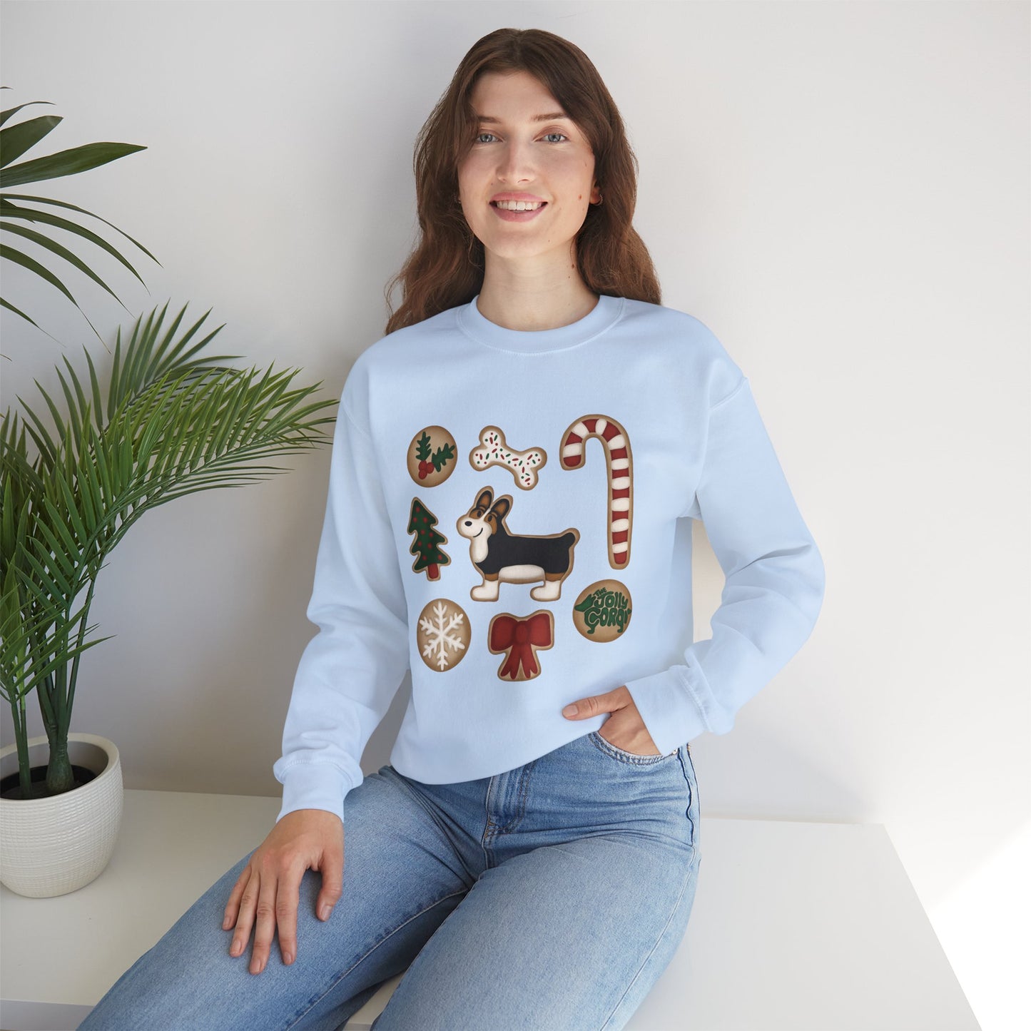 Black Headed Tri Corgi Docked - Christmas Cookie Crewneck Sweatshirt - The Jolly Corgi