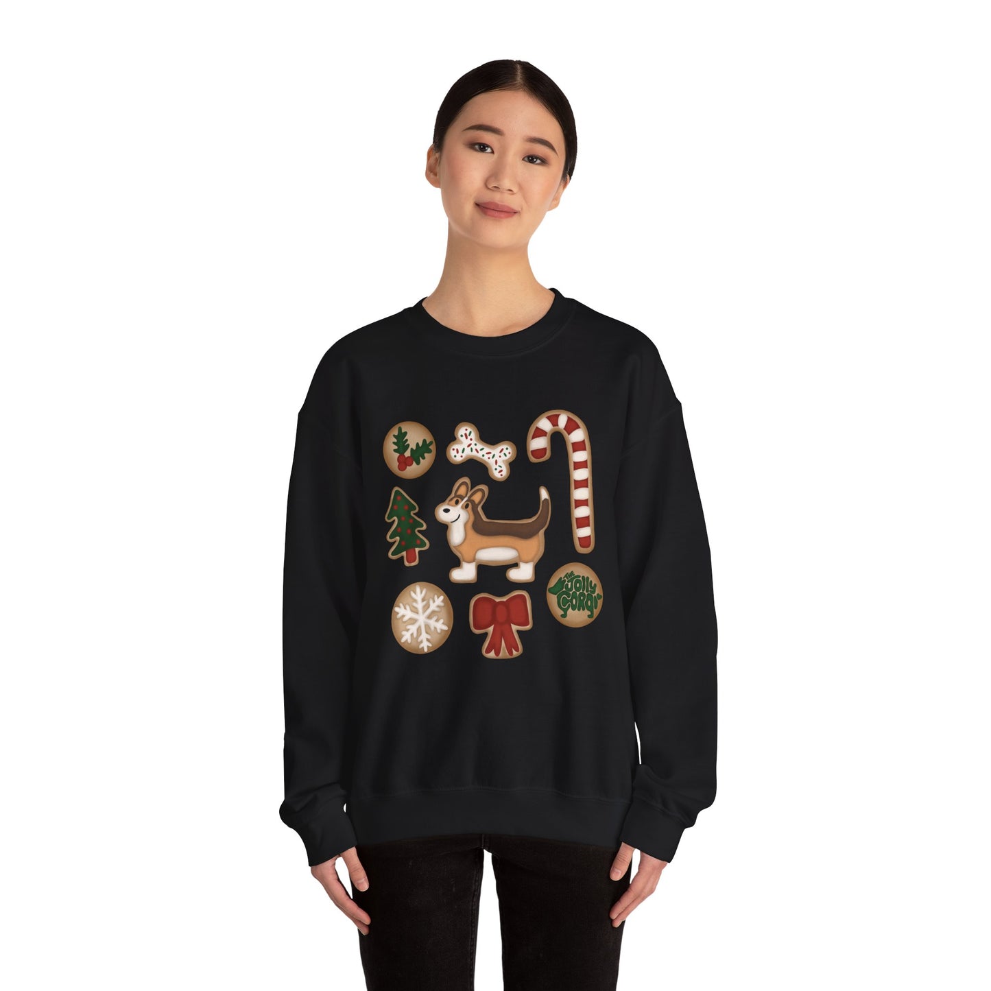Sable Corgi Full Tail - Christmas Cookie Crewneck Sweatshirt - The Jolly Corgi