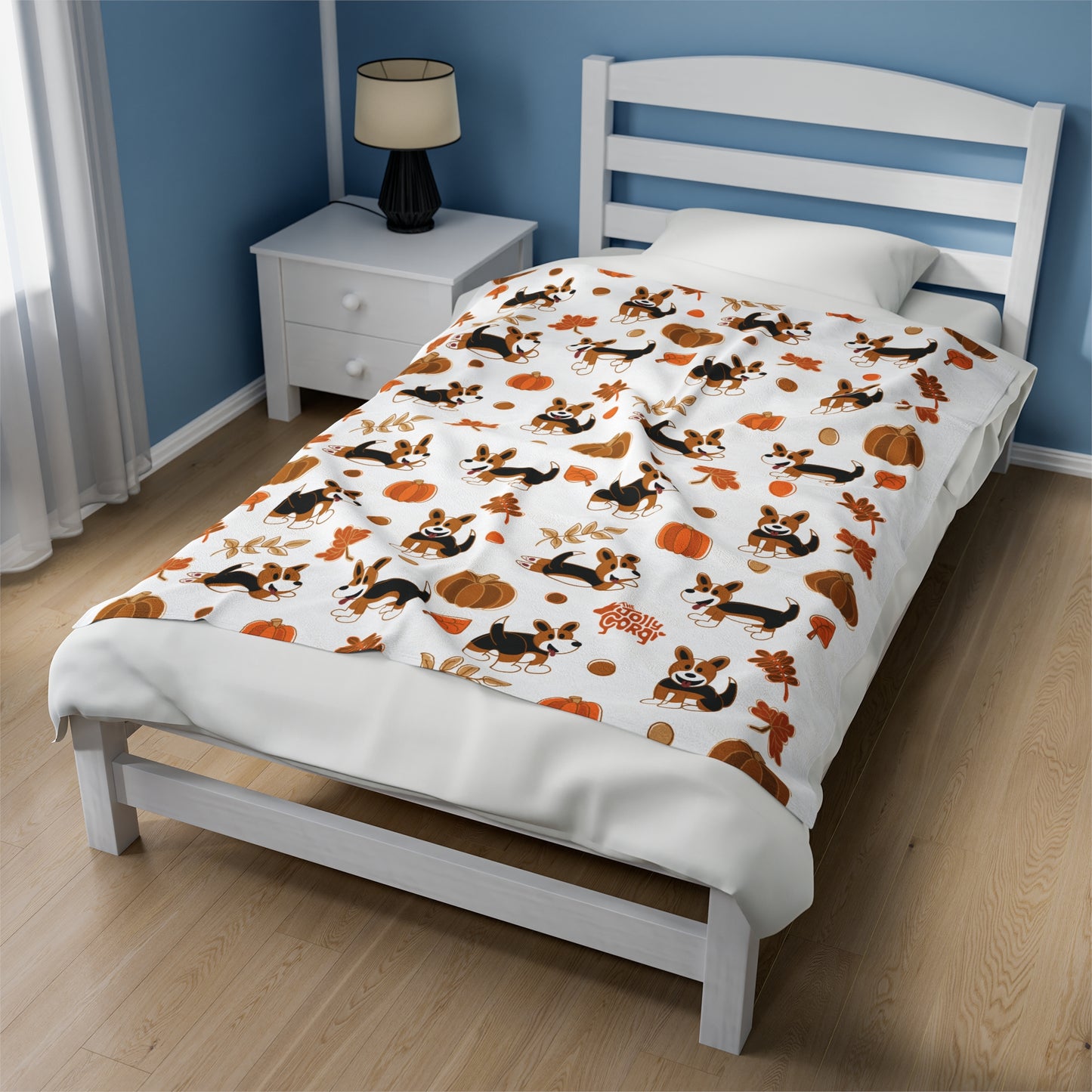 Red Headed Tri Corgi Full Tail - White Autumn Velveteen Blanket - The Jolly Corgi