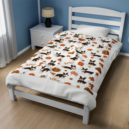 Black Headed Tri Corgi Docked Tail - White Autumn Velveteen Blanket - The Jolly Corgi