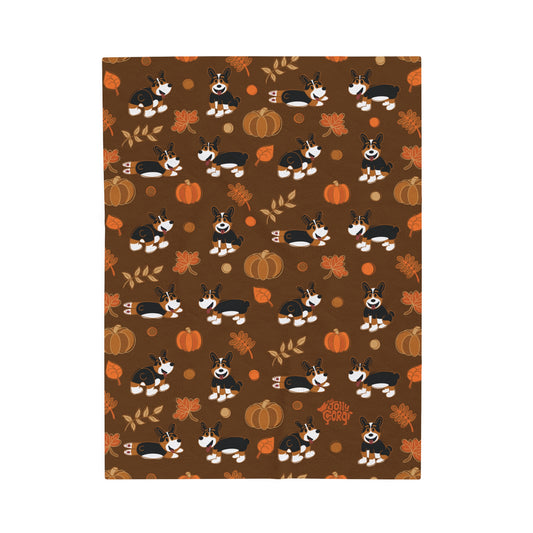 Black Headed Tri Corgi Docked Tail - Brown Autumn Velveteen Blanket - The Jolly Corgi