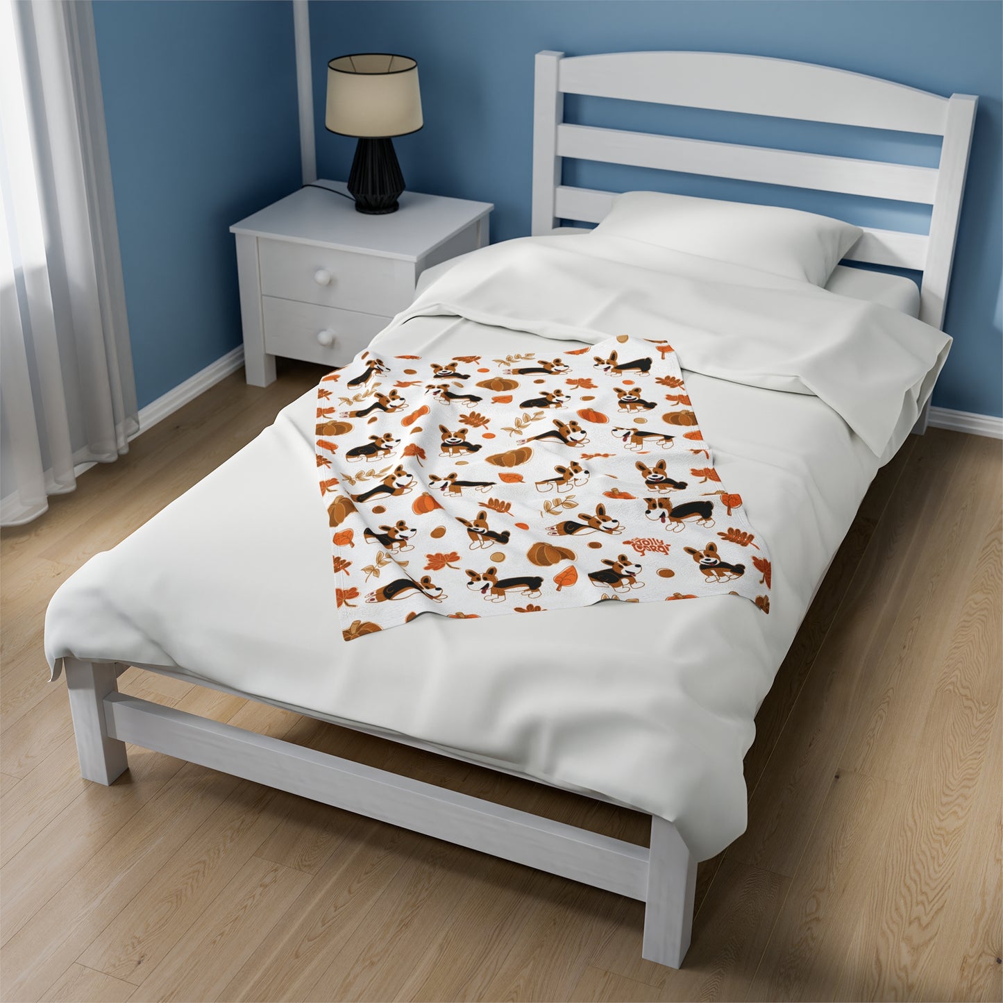 Red Headed Tri Corgi Docked Tail - White Autumn Velveteen Blanket - The Jolly Corgi