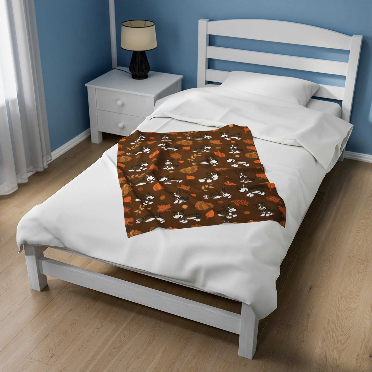 Brindle Corgi Docked Tail - Brown Autumn Velveteen Blanket - The Jolly Corgi