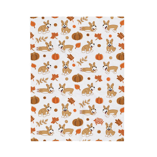 Fawn Corgi Docked Tail - White Autumn Velveteen Blanket - The Jolly Corgi