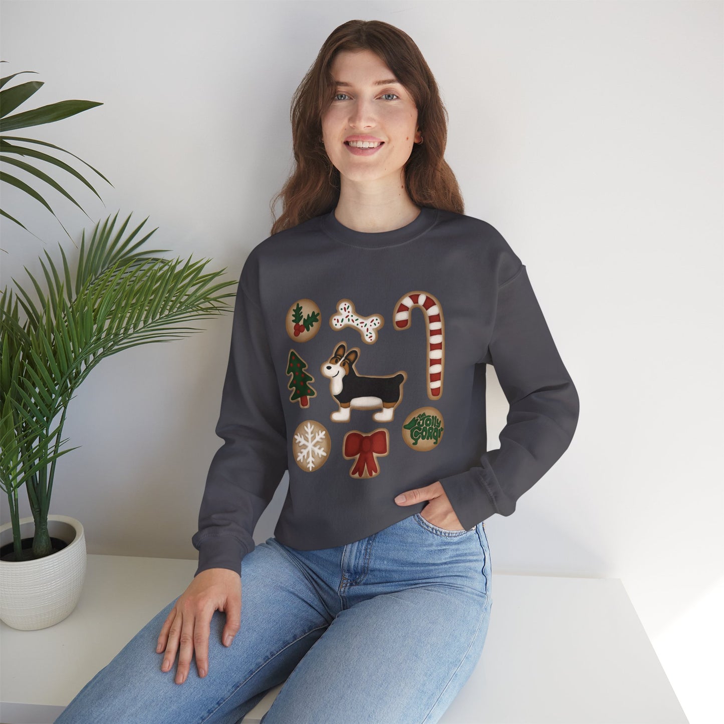 Black Headed Tri Corgi Docked - Christmas Cookie Crewneck Sweatshirt - The Jolly Corgi