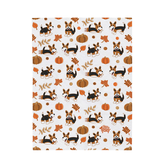 Red Headed Tri Corgi Full Tail - White Autumn Velveteen Blanket - The Jolly Corgi