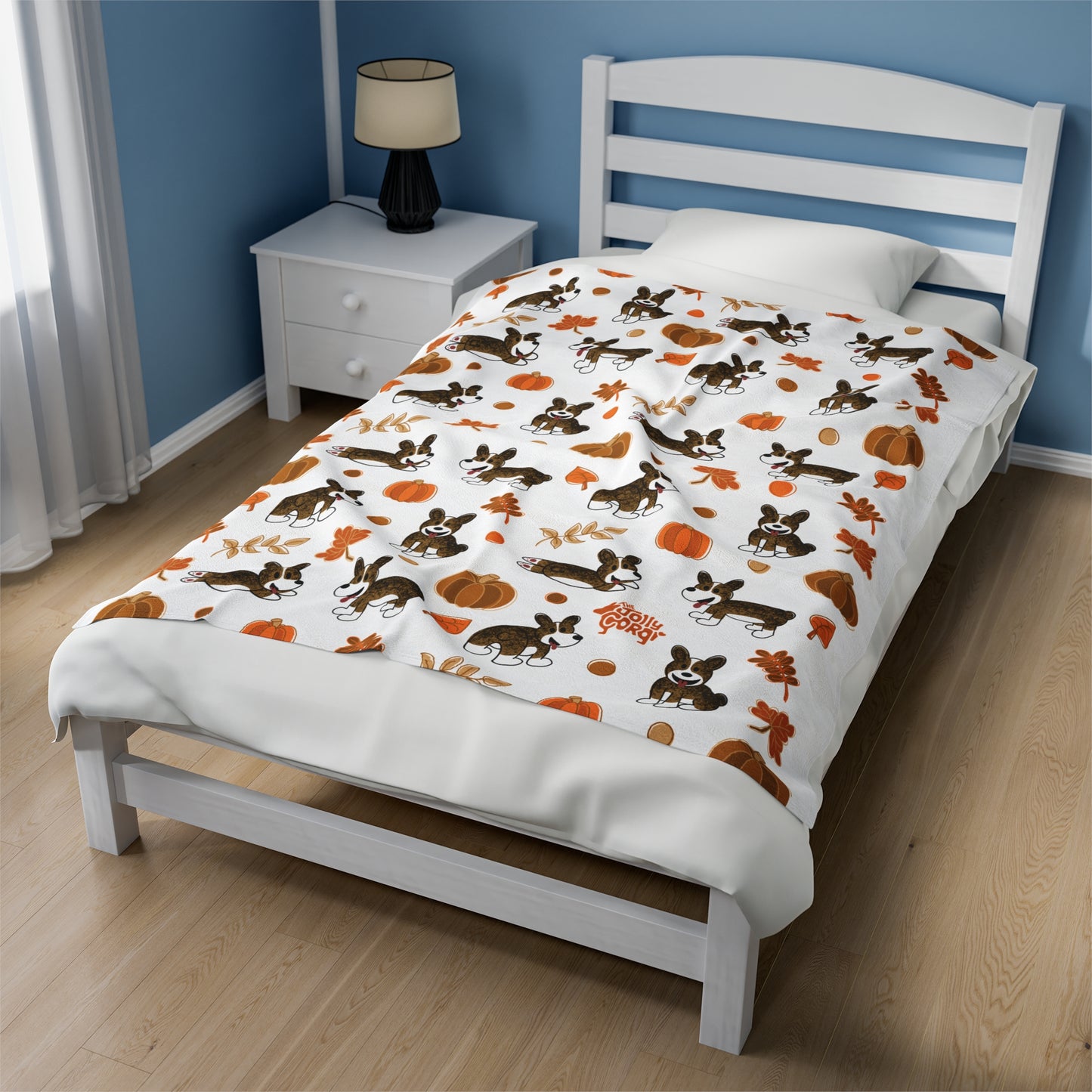 Brindle Corgi Docked Tail - White Autumn Velveteen Blanket - The Jolly Corgi