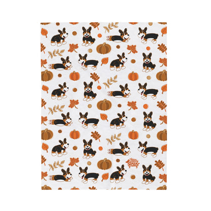 Black Headed Tri Corgi Docked Tail - White Autumn Velveteen Blanket - The Jolly Corgi