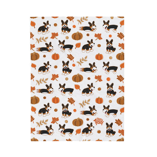 Black Headed Tri Corgi Docked Tail - White Autumn Velveteen Blanket - The Jolly Corgi