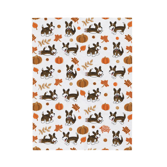 Brindle Corgi Full Tail - White Autumn Velveteen Blanket - The Jolly Corgi