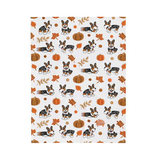 Merle Corgi Docked Tail - White Autumn Velveteen Blanket - The Jolly Corgi