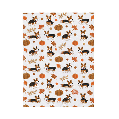 Red Headed Tri Corgi Docked Tail - White Autumn Velveteen Blanket - The Jolly Corgi