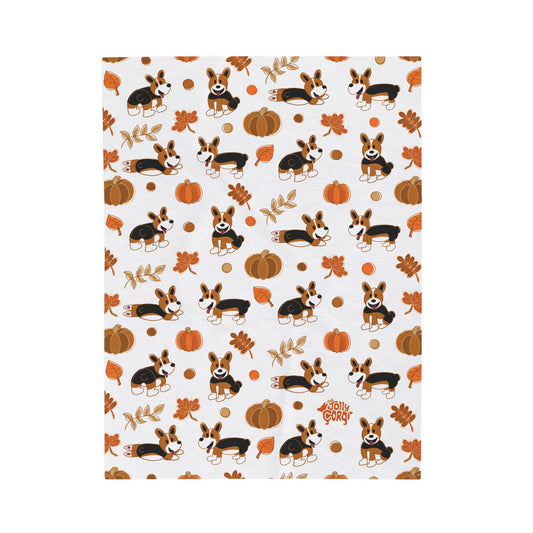 Red Headed Tri Corgi Docked Tail - White Autumn Velveteen Blanket - The Jolly Corgi