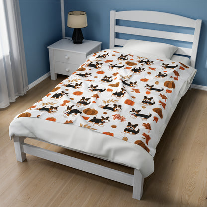Black Headed Tri Corgi Full Tail - White Autumn Velveteen Blanket - The Jolly Corgi