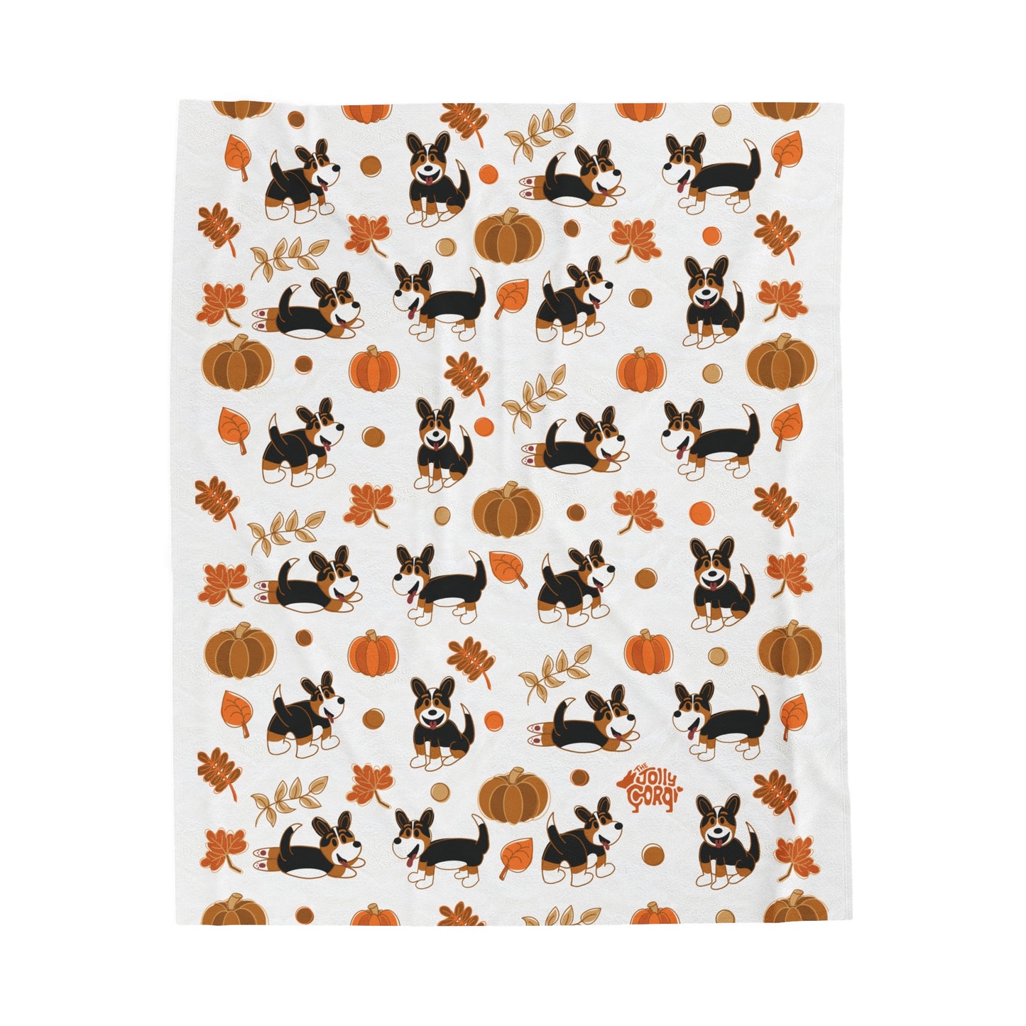 Black Headed Tri Corgi Full Tail - White Autumn Velveteen Blanket - The Jolly Corgi