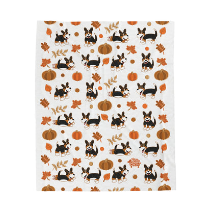 Black Headed Tri Corgi Full Tail - White Autumn Velveteen Blanket - The Jolly Corgi