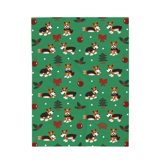 Red Headed Tri Corgi Docked - Christmas Velveteen Blanket - The Jolly Corgi