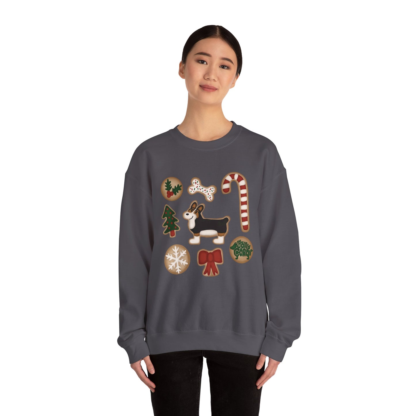 Black Headed Tri Corgi Docked - Christmas Cookie Crewneck Sweatshirt - The Jolly Corgi