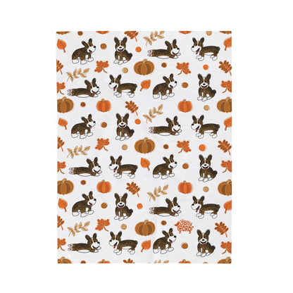 Brindle Corgi Docked Tail - White Autumn Velveteen Blanket - The Jolly Corgi