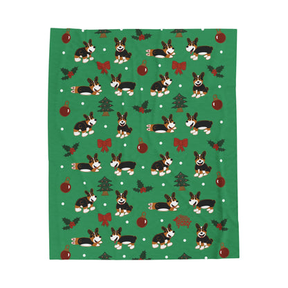 Black Headed Tri Corgi Docked - Christmas Velveteen Blanket - The Jolly Corgi