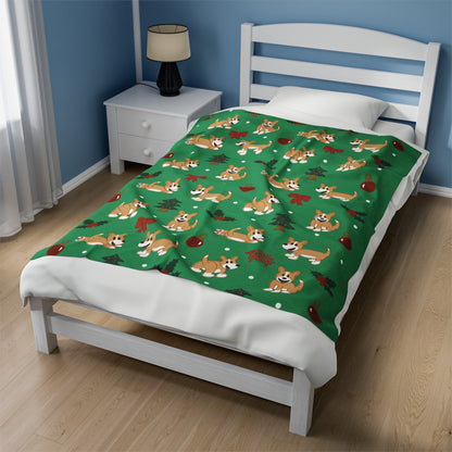 Fawn Corgi Full Tail - Christmas Velveteen Blanket - The Jolly Corgi