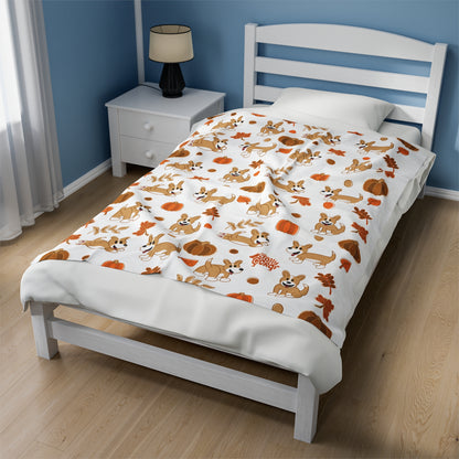 Fawn Corgi Full Tail - White Autumn Velveteen Blanket - The Jolly Corgi