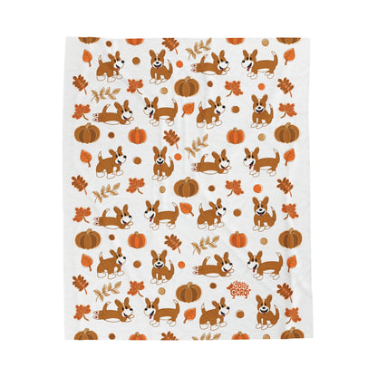 Red Corgi Full Tail - White Autumn Velveteen Blanket - The Jolly Corgi