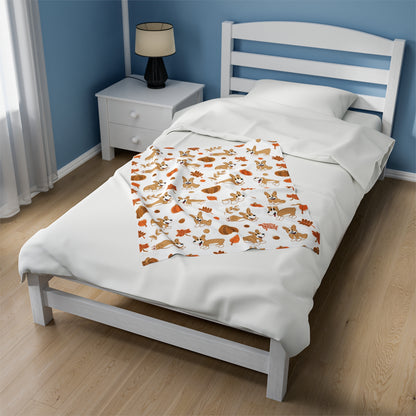 Fawn Corgi Docked Tail - White Autumn Velveteen Blanket - The Jolly Corgi