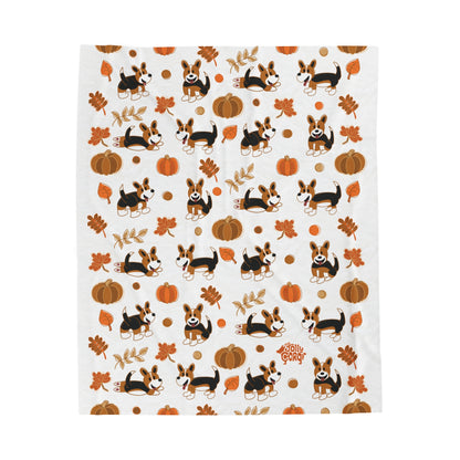 Red Headed Tri Corgi Full Tail - White Autumn Velveteen Blanket - The Jolly Corgi