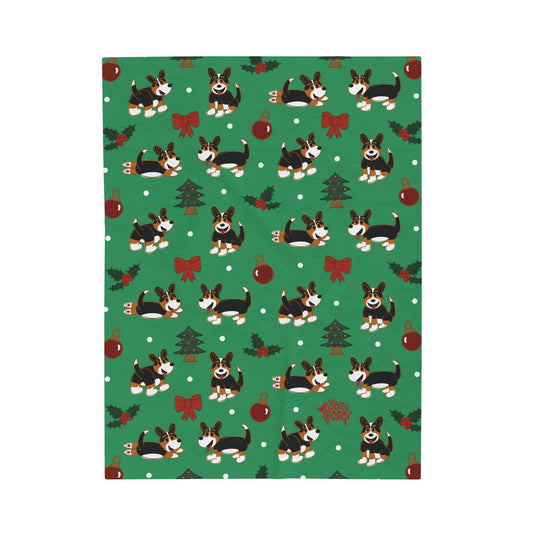 Black Headed Tri Corgi Full Tail - Christmas Velveteen Blanket - The Jolly Corgi