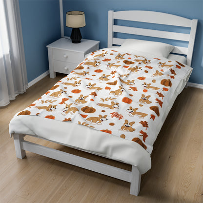 Fawn Corgi Docked Tail - White Autumn Velveteen Blanket - The Jolly Corgi