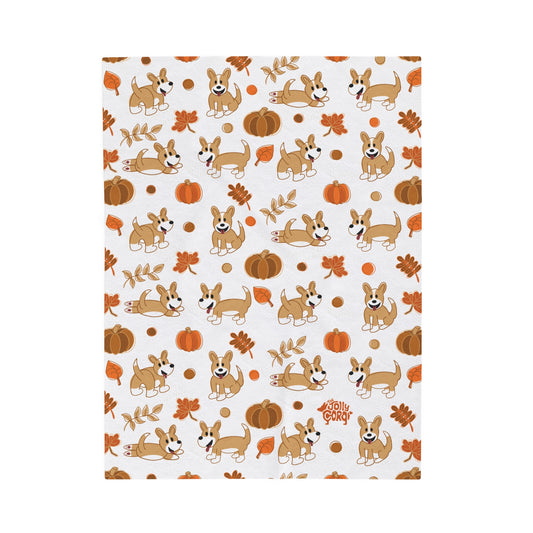 Fawn Corgi Full Tail - White Autumn Velveteen Blanket - The Jolly Corgi