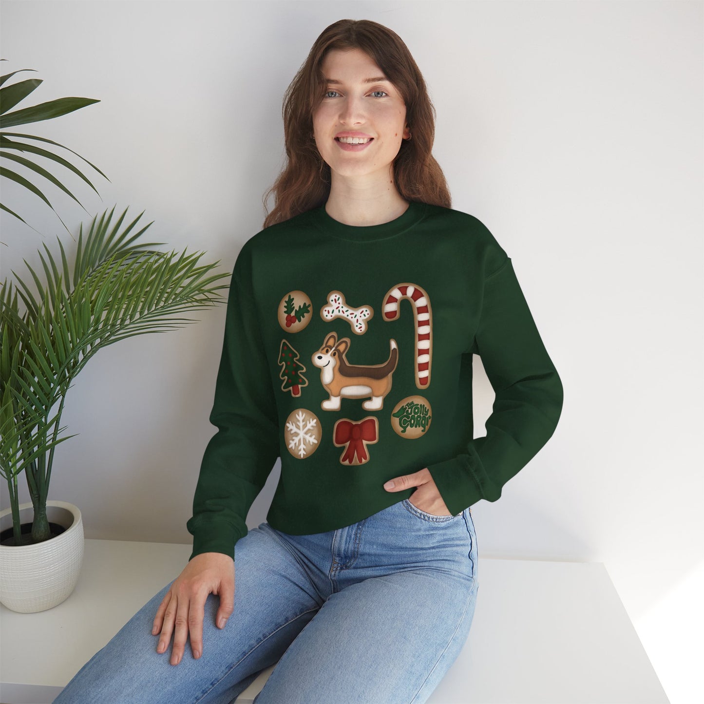 Sable Corgi Full Tail - Christmas Cookie Crewneck Sweatshirt - The Jolly Corgi