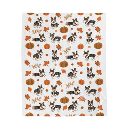 Merle Corgi Docked Tail - White Autumn Velveteen Blanket - The Jolly Corgi