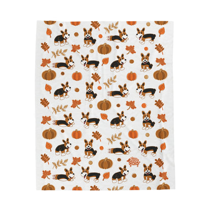 Red Headed Tri Corgi Docked Tail - White Autumn Velveteen Blanket - The Jolly Corgi