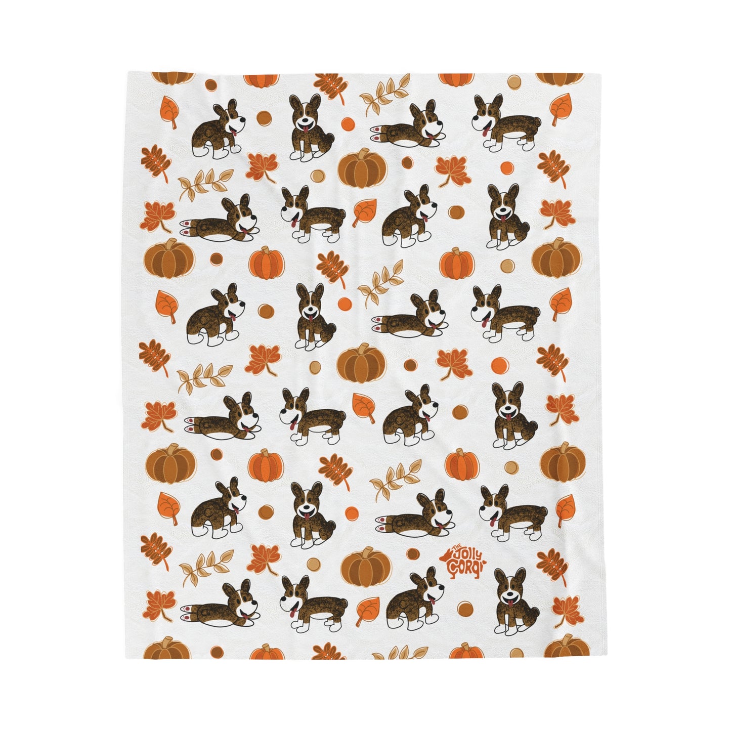 Brindle Corgi Docked Tail - White Autumn Velveteen Blanket - The Jolly Corgi