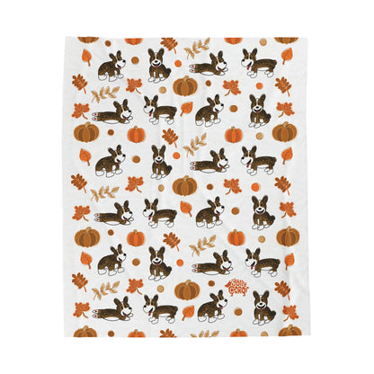 Brindle Corgi Docked Tail - White Autumn Velveteen Blanket - The Jolly Corgi