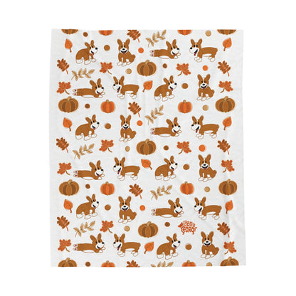 Red Corgi Docked Tail - White Autumn Velveteen Blanket - The Jolly Corgi