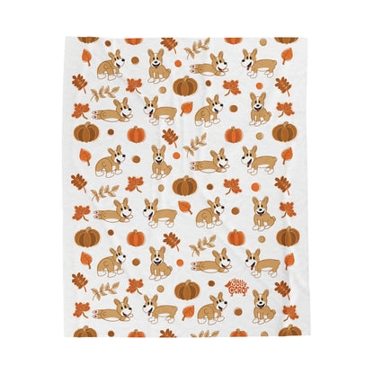 Fawn Corgi Docked Tail - White Autumn Velveteen Blanket - The Jolly Corgi