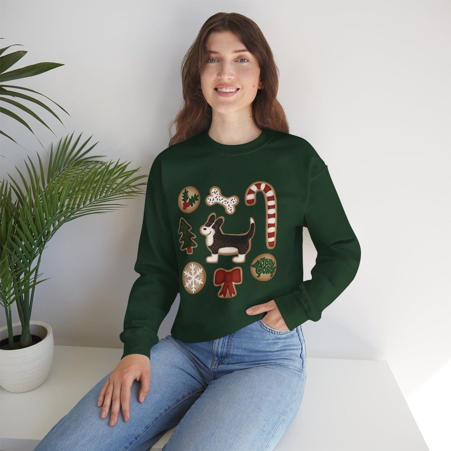 Brindle Corgi Full Tail - Christmas Cookie Crewneck Sweatshirt - The Jolly Corgi