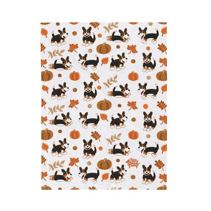 Black Headed Tri Corgi Full Tail - White Autumn Velveteen Blanket - The Jolly Corgi