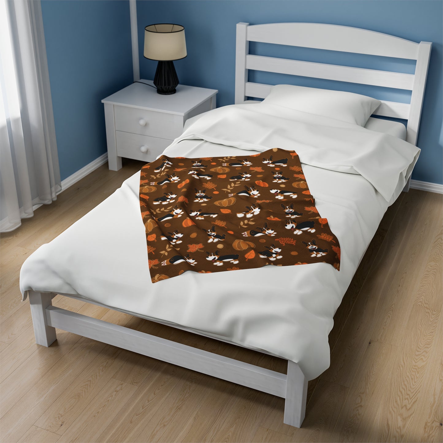 Black Headed Tri Corgi Docked Tail - Brown Autumn Velveteen Blanket - The Jolly Corgi