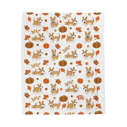 Fawn Corgi Full Tail - White Autumn Velveteen Blanket - The Jolly Corgi